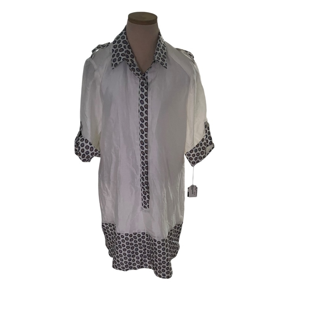 NWT Shin Choi White and Black Casual Button Down  Polka Dot Accents Dress Size L